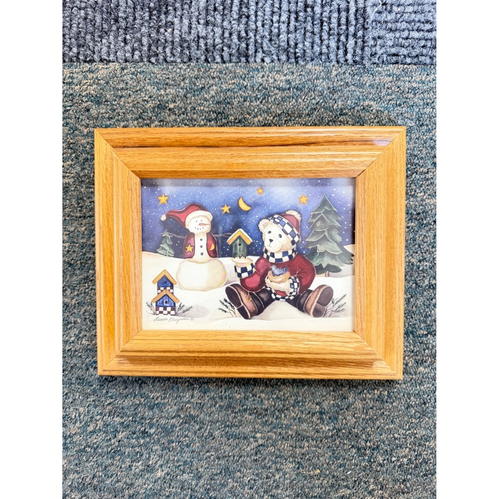 Laurie Knudson Winter Bear Snowman Framed Art Print Oak Wood Frame Folk Art
